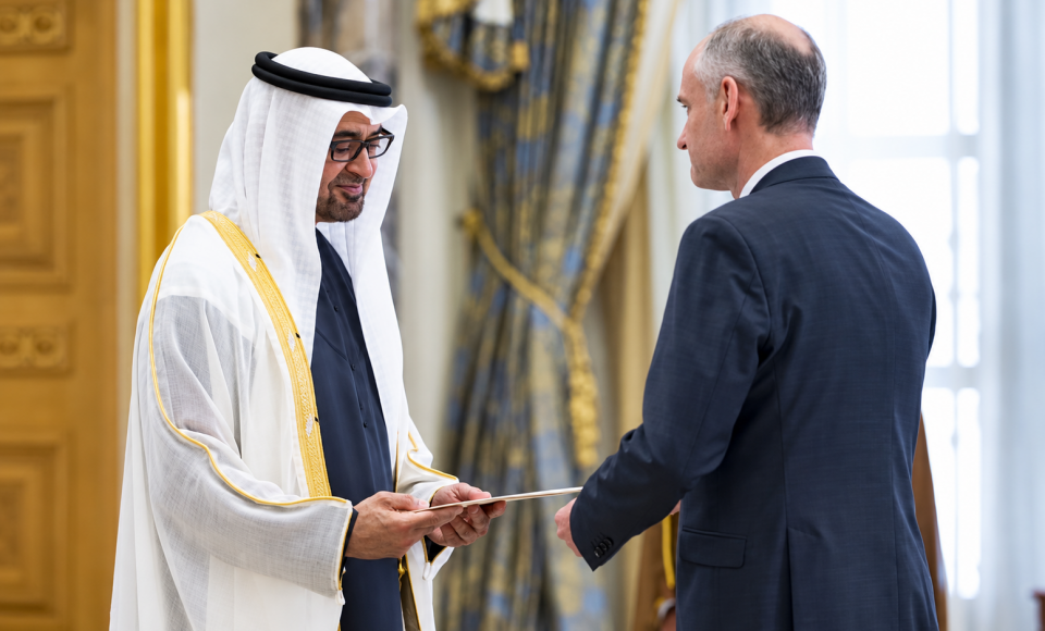 Ambassador Ernestas Mickus presents his letters of credence to the President of the United Arab Emirates